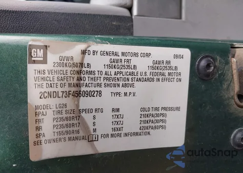 2005 Chevrolet Equinox Lt из США, поврежденный, VIN 2CNDL73F456090278